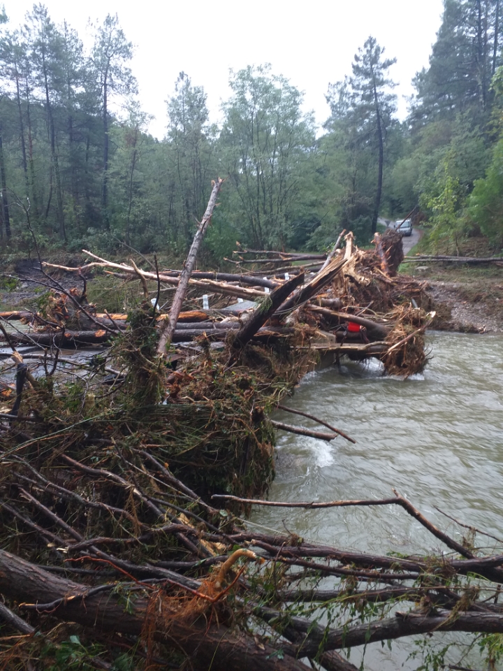 Crue octobre 2021 sur le BV de la Cèze embâcle sur RD 243A sur le Luech Chamborigaud (© CD30)